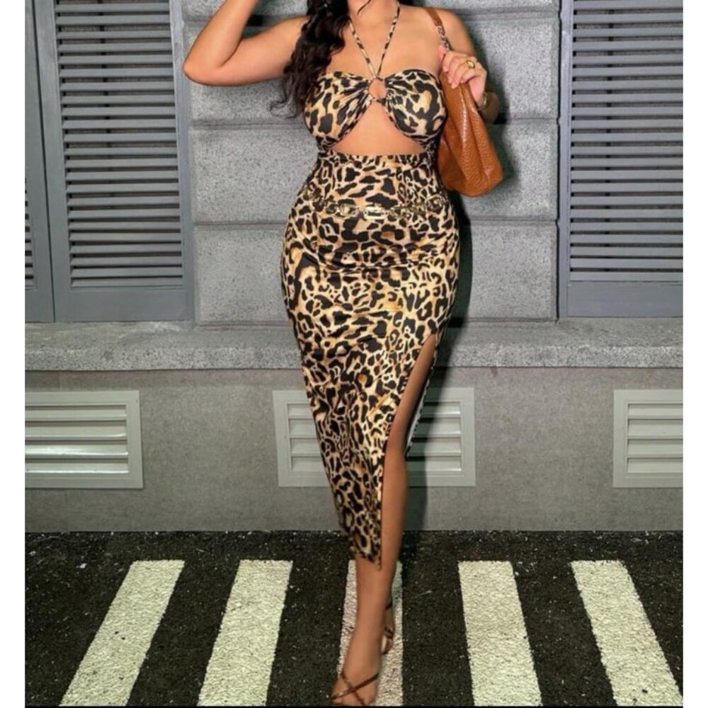 Sexy Leopard Print Plus Hollow Out Side Slit Hem Bodycon Halter Midi Maxi Dress